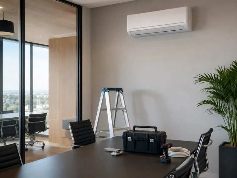 Split instalado em sala de reuniao com escada, maleta e tubulacao de cobre